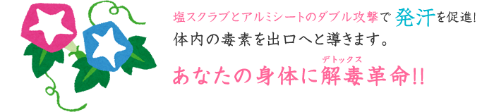 塩スクラブとアルミシートのダブル攻撃で発汗を促進!体内の毒素を出口へと導きます。あなたの身体にデトックス革命!