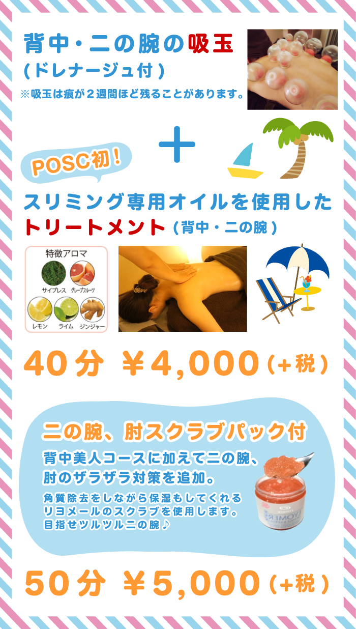 背中・二の腕の吸玉(ドレナージュ付)、スリミング専用オイルを使用したトリートメント(背中・二の腕)